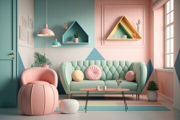 Creative pastel living room interior. Generative AI