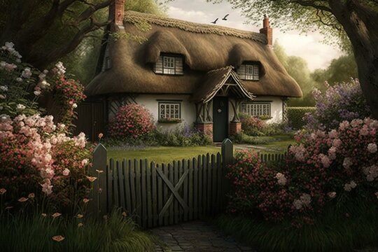 A rustic cottage with a thatched roof, a garden of flowers and trees, a bench upfront and a fence and bushes in the background. Generative AI