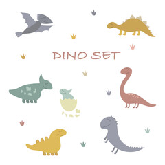 Dino set in cartoon style on white background. Fantasy cartoon collection with colorful dino set. Great design for any purposes.