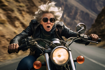 Senior woman driving a motorbike in the mountains, female biker, AI generated
