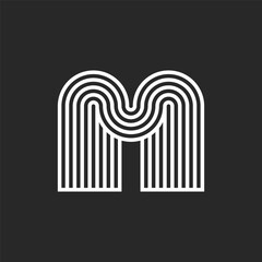 Letter M monogram logo rounded wave shape design, smooth thin parallel lines geometric pattern, linear typography mark.