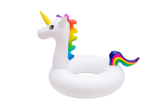 Unicorn inflatable buoy ring isolated on transparent background, PNG. Lifebuoy kids swimming safety