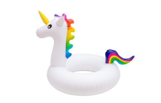 Unicorn inflatable buoy ring isolated on transparent background, PNG. Lifebuoy kids swimming safety