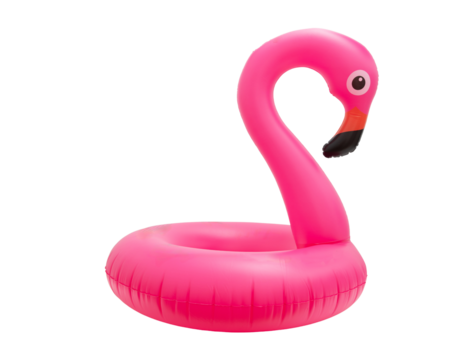 Pink flamingo inflatable buoy ring isolated on transparent background, PNG. Lifebuoy kids swimming safety