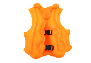 Orange color life jacket for kids isolated on transparent background, PNG. Boat and swimming safety equipment