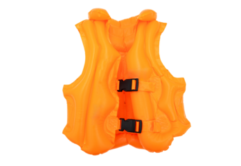 Orange color life jacket for kids isolated on transparent background, PNG. Boat and swimming safety equipment