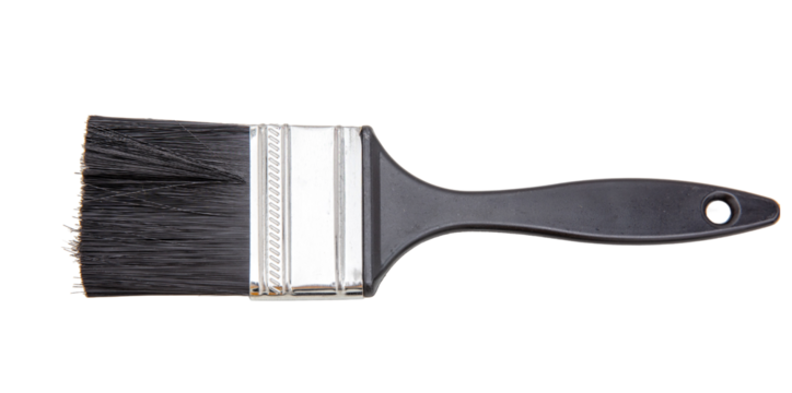 Paint brush new clean with black wooden handle isolated on transparent background. PNG	