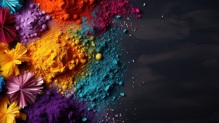 Happy holi festival decoration, Top view of colorful holi powder on dark background. Generative Ai