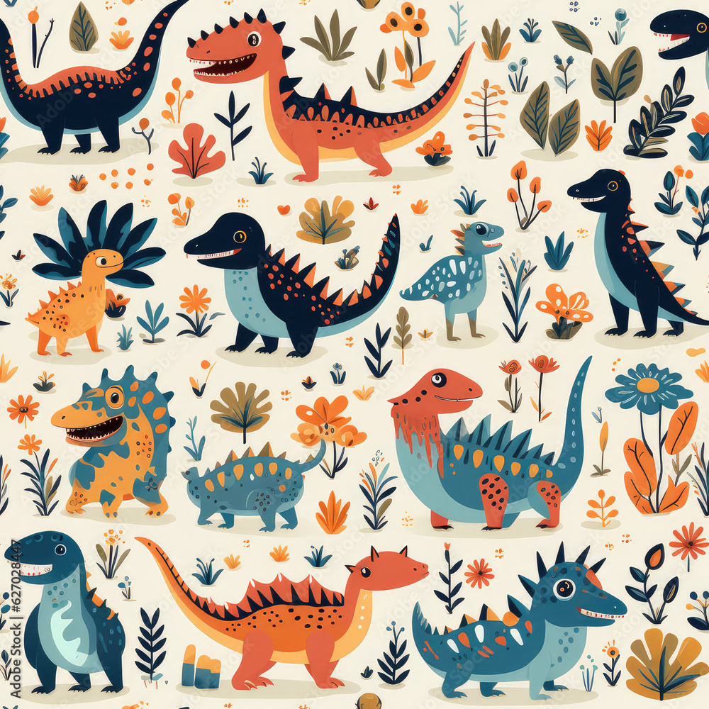 Canvas Prints cartoon dinosaurs childish seamless repeat pattern