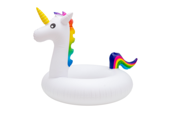 Unicorn inflatable buoy ring isolated on transparent background, PNG. Lifebuoy kids swimming safety