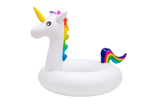 Unicorn inflatable buoy ring isolated on transparent background, PNG. Lifebuoy kids swimming safety