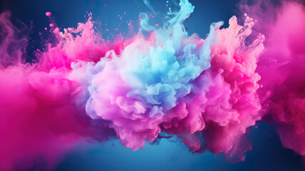 Fototapeta na wymiar Pink neon powder explosion with gliwing frame on blue background. Generative Ai