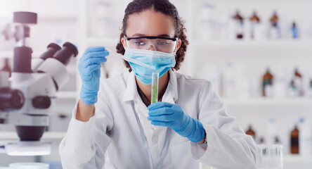 Lab plant analytics, woman scientist mask and ecology pour of a employee with science work. Laboratory worker, medical test and chemistry for botany, biology and health analysis doing research