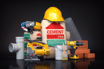 Construction materials and tools on black background. - obrazy, fototapety, plakaty