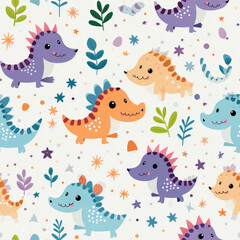 Cartoon dinosaurs childish seamless repeat pattern

