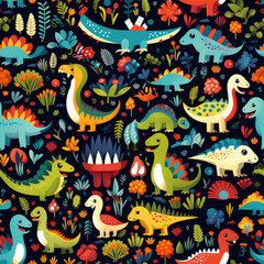 Obraz na płótnie Canvas Cartoon dinosaurs childish seamless repeat pattern 