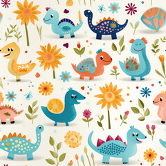 Obraz premium Cartoon dinosaurs childish seamless repeat pattern 