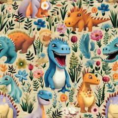 Fototapeta na wymiar Cartoon dinosaurs childish seamless repeat pattern 