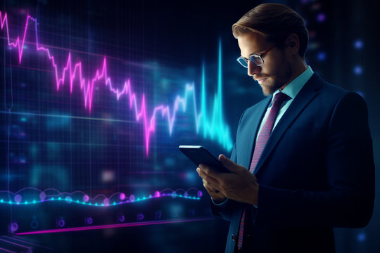 stock trader, or financial advisor standing in front of stock forex chart and using phone. High quality photo