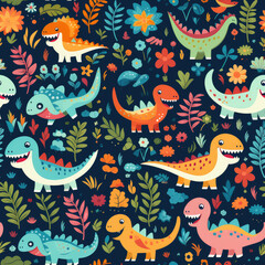 Cartoon dinosaurs childish seamless repeat pattern
