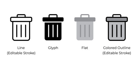 Trash can, bin, delete button vector icon set for website design, app, ui, isolated on white background. Vector illustration.