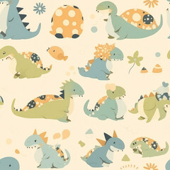 Fototapeta premium Cartoon dinosaurs childish seamless repeat pattern 