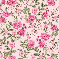 Foto op Plexiglas Watercolor flowers pattern, pink tropical elements, green leaves, pink background, seamless © Leticia Back