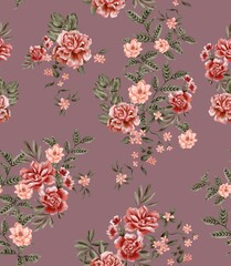Watercolor flowers pattern, red tropical elements, green leaves, neutral pink background, seamless