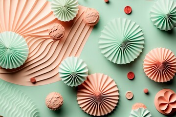 Abstract design of mint and coral paper forms backdrop for indulgent treats. Generative AI