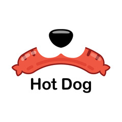 The muzzle of the dog holds a tasty sausage and the text, HOT DOG. Template for sign, symbol or logo. Vector, illustration