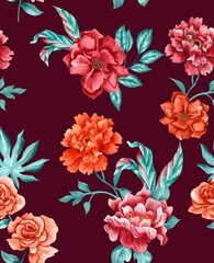 Watercolor flowers pattern, red and orange tropical elements, blue leaves, dark red background, seamless