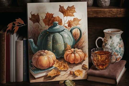 A rustic watercolor scene with pumpkins, books, and tea, perfect for autumn decor or Thanksgiving. Generative AI