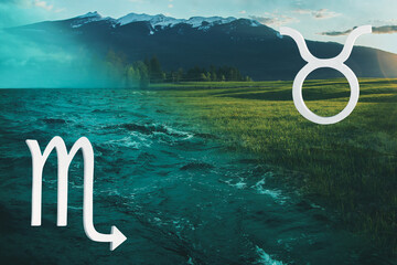 Símbolos y signos astrológicos Escorpio- Tauro sobre fondo alusivo a su elemento (agua, tierra). Eje opuestos complementarios. Horóscopo y predicciones. Astrología. Zodíaco. Carta astral © Evangelina