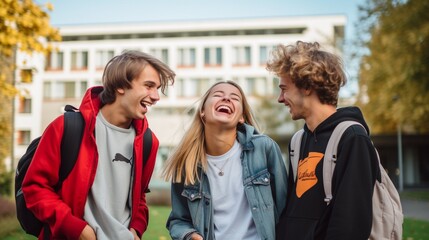 Obraz premium Multiracial university students in campus talk and have fun outdoors.