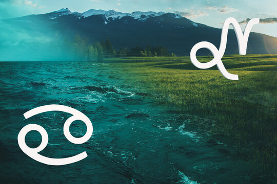 S&iacute;mbolos y signos astrol&oacute;gicos C&aacute;ncer- Capricornio sobre fondo alusivo a su elemento (agua, tierra). Eje opuestos complementarios. Hor&oacute;scopo y predicciones. Astrolog&iacute;a. Zod&iacute;aco. Carta astral