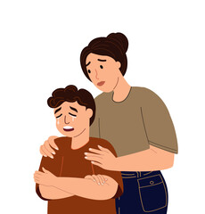 Mother supporting her crying son,care concept.Mom comforting depressed,sad boy.Supportive empathic parent helping her teenager child in difficulty.Flat vector illustration isolated on white background