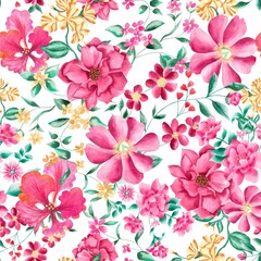 Watercolor flowers pattern, pink tropical elements, green leaves, white background, seamless