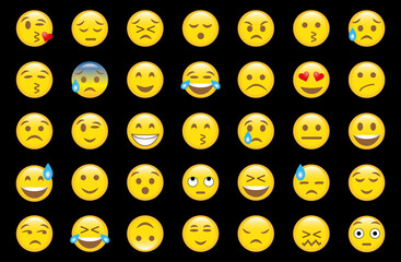 Emoji set. Face expressions vector drawing. On the black background.