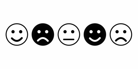 Set of emoji. Vector icon of emoticons. Different faces. Flat black and white icon. Vector illustration on white background.