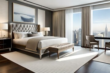 King-size bed with beige bed linen in adorable bedroom with luxury minimalist interior