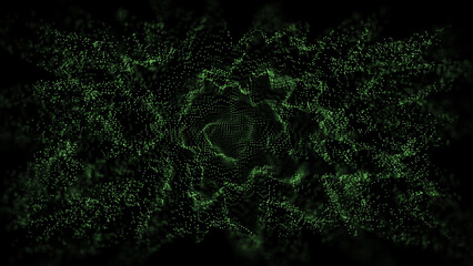 Wavy green sphere of dots with noise. Abstract technology with explosion effect, wave texture or background. Big data visualization. 3D rendering.