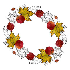 Wreath of autumn leaves. Fallen leaves illustration. Mixed media: ink graphics and watercolor. For postcard design, banner, wall, cards, header, book design. Template for text.