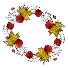 Wreath of autumn leaves. Fallen leaves illustration. Mixed media: ink graphics and watercolor. For postcard design, banner, wall, cards, header, book design. Template for text.