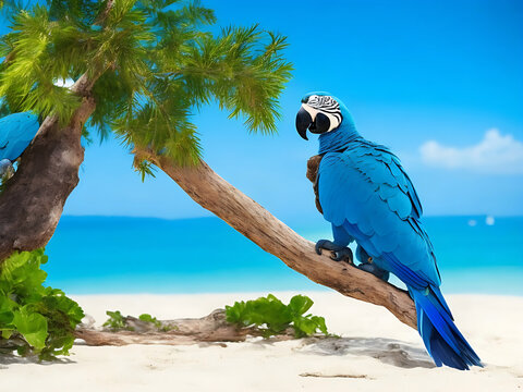 A blue parrot bird sitting a  summer beach