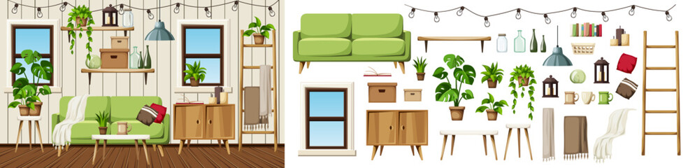Room interior with a sofa, a dresser, a ladder, two windows, and houseplants. Cozy colorful interior design. Furniture set. Interior constructor. Cartoon vector illustration