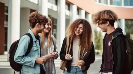 Fototapeta premium Multiracial university students in campus talk and have fun outdoors.