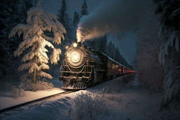 Polar Express train speeds through a snowy woodland adorned with lights. Generative AI