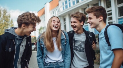 Obraz premium Multiracial university students in campus talk and have fun outdoors.