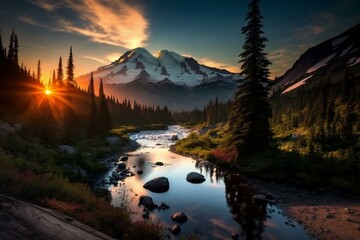 Sunrise at Mount Rainier National Park in Washington State, USA. Generative AI