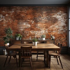 red and brown brick wall background or wallpaper wooden floor and tables 